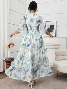 Vestido elegante de mujer talla grande con estampado floral, cintura fruncida y mangas con volantes - Multicolor 2 - Ver 7
