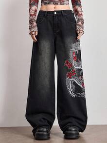 ROMWE Grunge Punk Women's Chinese Dragon & Floral Embroidered Pocket Wide Leg Loose Casual Jeans - Black - View 4