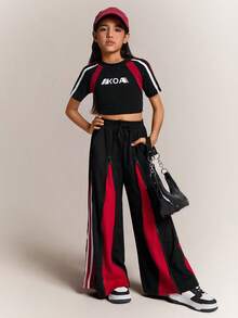Radiana Tween Girl Spring/Summer Streetwear Red Baggy High Waisted Wide Leg Pants - Multicolor - View 5