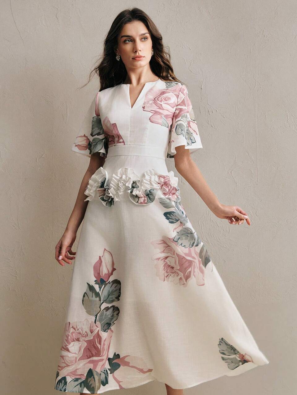 Anewsta Women's White And Pink Rose Floral Print Elegant Round Neck Short Sleeve A-Line Long Dress, Summer Ruffle Ruffle Trim Wedding Ninang Dress