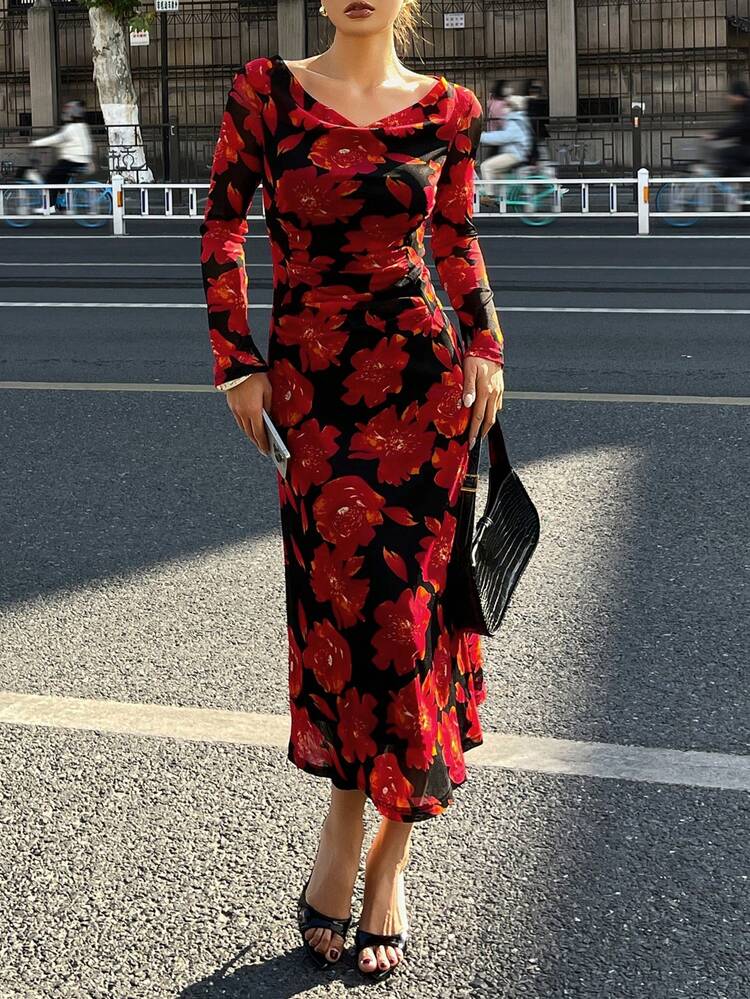 Women's Floral Print Elegant Vintage Midi Dress, Suitable For Dates And Parties Sundress