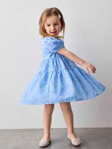 Maija Kids Vestido casual y cómodo con cuello redondo, mangas abultadas y cintura ceñida, con estampado floral y unicolor para niña - Azul - Ver 3