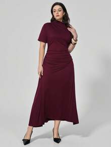 Maija Plus Size Women Burgundy Solid Stand Collar Short Sleeve Ruched Pleated Elegant Maxi Dress, Summer Wedding Party Beach Vacation Casual Outfit - Brown - View 8