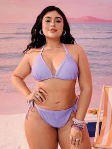 Swim Vcay 新款加大码女式三件套比基尼，紫色网纱，三角上衣，系带下装，网纱迷你裙，泳衣 - 紫色 - 查看 4