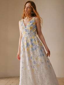 MOTF PREMIUM 女士V领碎花收腰长连衣裙 - 藍白色 - 查看 5