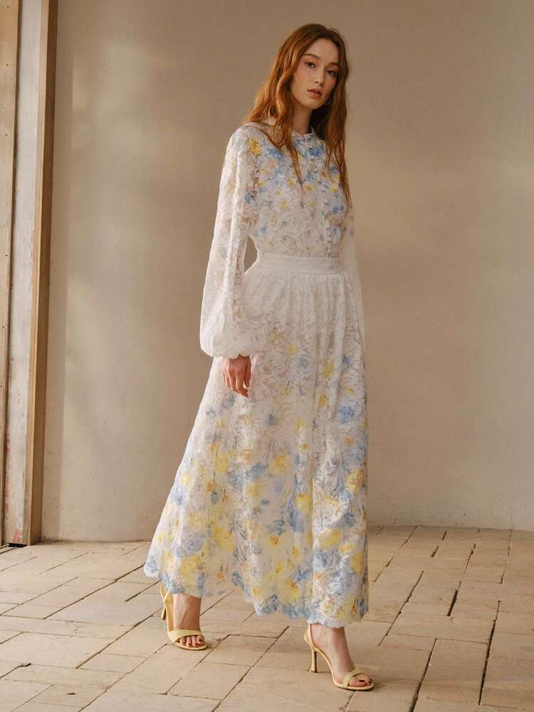 LACE FLORAL PRINT FLARE SKIRT
