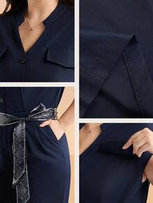 Momelise 大码女式极简V领连帽袖纽扣装饰印花围巾腰带休闲长款阔腿连体裤，适合通勤和户外活动穿着