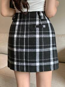 DAZY 女士格子迷你裙，春秋季休闲款 - 深灰色 - 查看 2