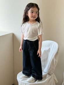 DAZY Toddler Girls' Casual Washed Vintage Korean Style Versatile Ruffle Hem Loose Wide Leg Jeans - Dark Wash - View 5