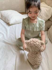 DAZY 女童蕾丝荷叶边休闲长袖上衣和裤子两件套睡衣