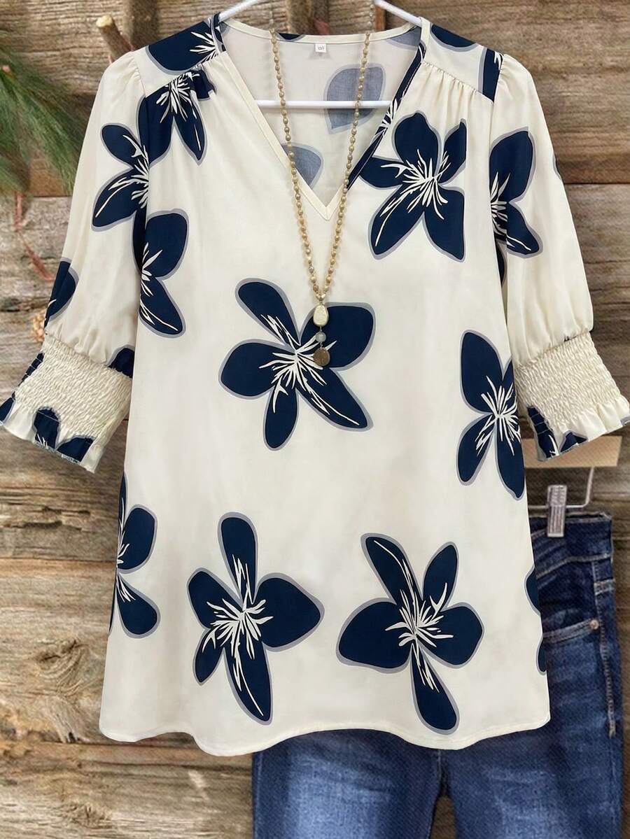 Linhara Plus Size Women's Casual Vacation Floral Print Shirred Puff Sleeve Loose Blouse - Blue and White - View 1
