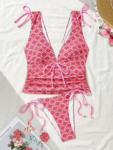 Bellisia Women's Retro Print Deep V-Neck Drawstring Ruched Backless Camisole & Tie-Side Triangle Bikini 2-Piece Swimwear Set, Spring/Summer - Multicolor - View 4