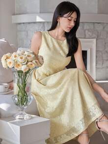 DAZY 女士优雅印花无袖连衣裙，夏季婚礼宾客礼服 - 黃色 - 查看 8