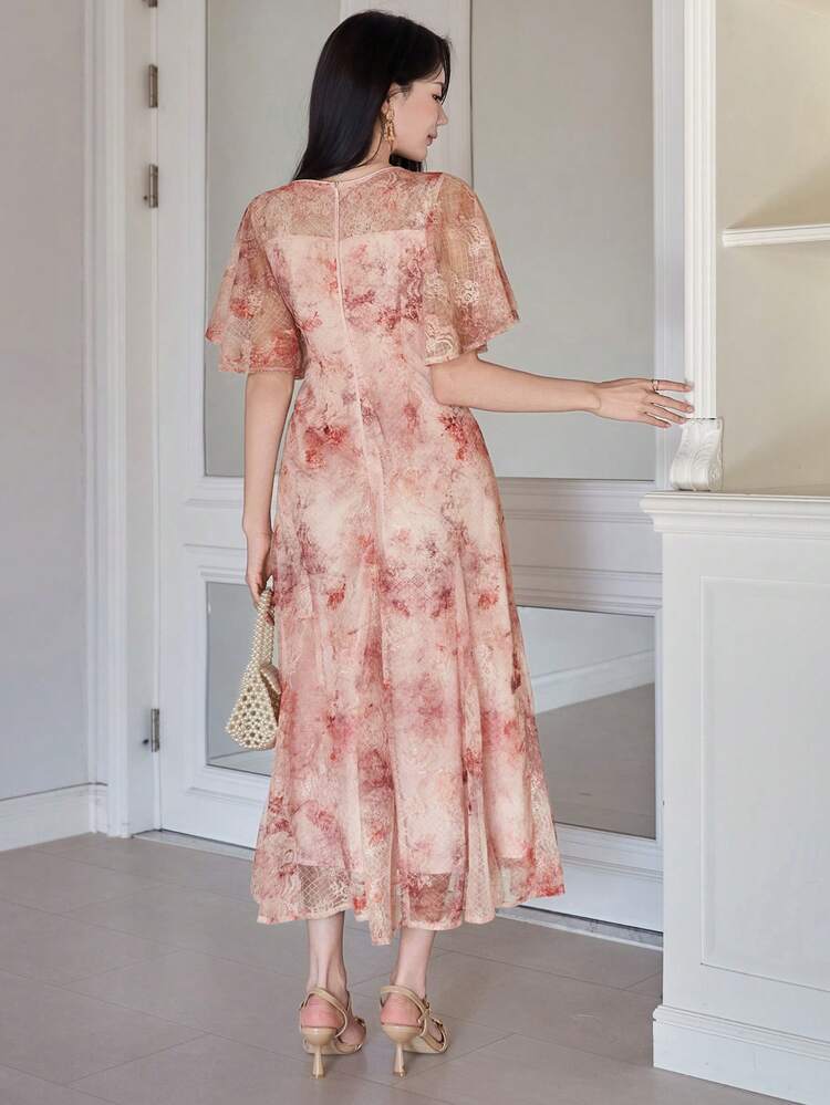 Women's Elegant Floral Print Square Neck Puff Sleeve Dress, Summer Wedding Guest Dress Sundress