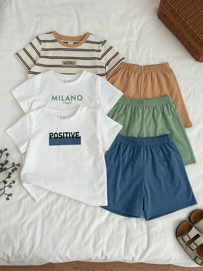 6pcs/Set Young Boy Summer Casual Cute Versatile Knit Letter & Stripe Short Sleeve T-Shirt & Shorts Set, 6pcs Boys Summer Outfit All-Match Multi-Piece Set Boy Set Boy Summer Clothes Boys Casual Sets Boy Shorts Young Boys Sets