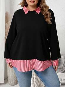 SHEIN CURVE+ Plus Size Women Striped Long Sleeve Casual Patchwork Sweatshirt Winter Fall Autumn - Multicolor - View 8