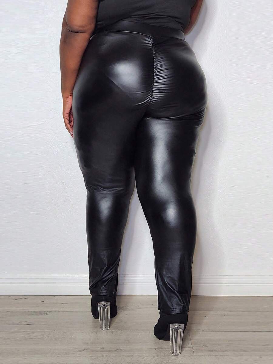 Truni Pantalones pitillo de cintura alta de unicolor de piel sintética (PU) con abertura en el bajo para mujeres de talla grande, para figura de Body en forma de pera - Negro - Ver 1