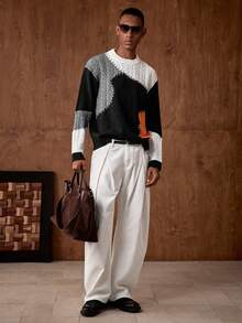 AKNOTIC 男士撞色圆领长袖休闲宽松套头毛衣 - 彩色 - 查看 4