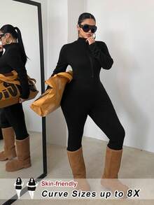 SHEIN CURVE+ Plus Size Black Jumpsuit With Front Zipper, Long Sleeve, High Stretch, Waist Cinching, Slimming, Minimalist Design