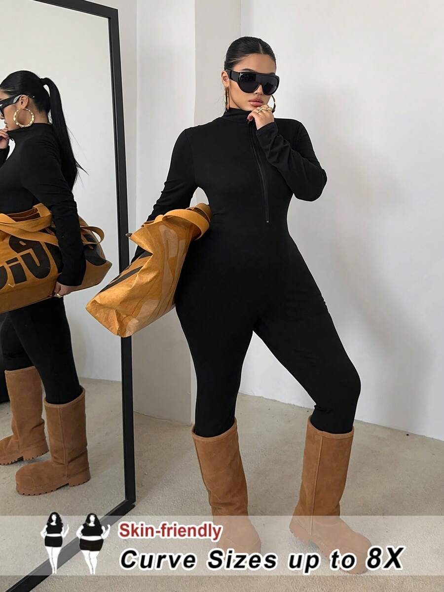 SHEIN CURVE+ Plus Size Black Jumpsuit With Front Zipper, Long Sleeve, High Stretch, Waist Cinching, Slimming, Minimalist Design