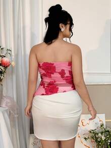 CovetEZ 加大码黑色褶皱开衩无肩带针织弹力上衣 - 玫紅色 - 查看 2