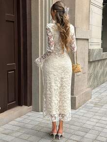 Livesso Lace Ruffle Waist Midi Dress For Women