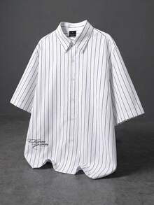 SUMWON 男士竖条纹短袖衬衫，纽扣领，常规版型，夏季休闲商务办公衬衫，纯色 - 白色 - 查看 1