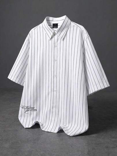  SUMWON 男士竖条纹短袖衬衫，纽扣领，常规版型，夏季休闲商务办公衬衫，纯色