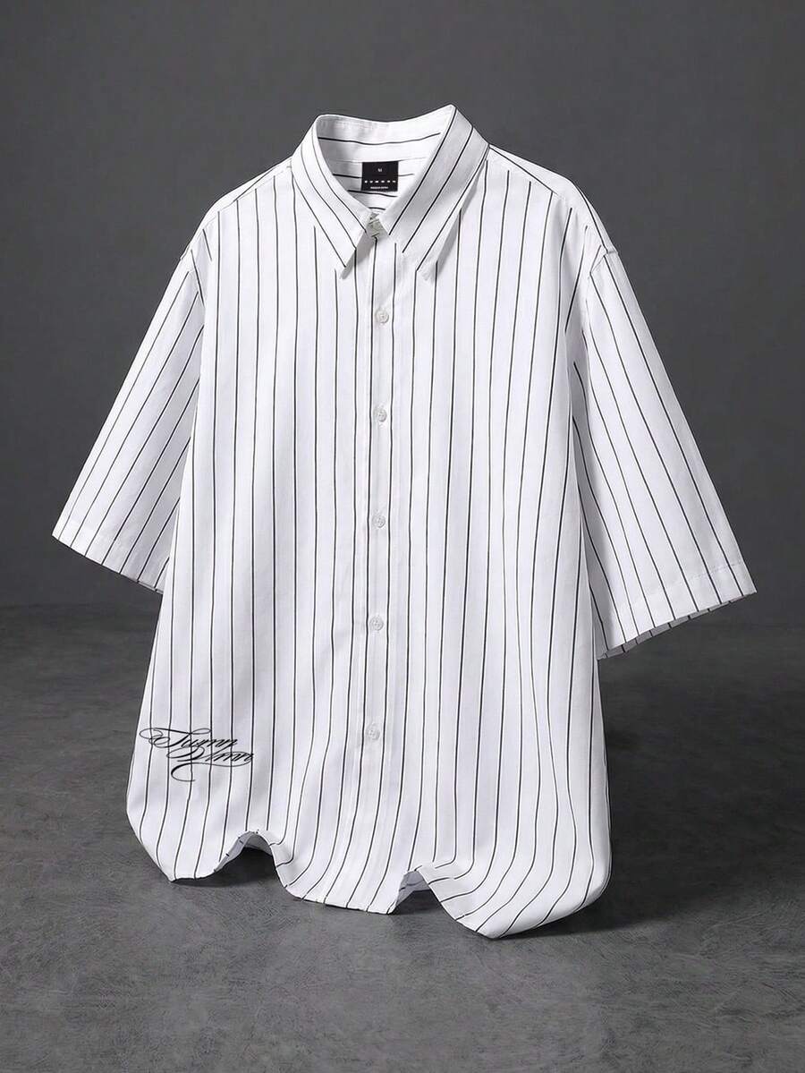 SUMWON 男士竖条纹短袖衬衫，纽扣领，常规版型，夏季休闲商务办公衬衫，纯色 - 白色 - 查看 1