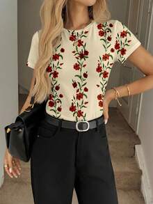 SHEIN LUNE Áo thun nữ tay ngắn cổ tròn dáng ôm, phong cách tối giản, thích hợp cho mùa xuân/hè. - Nhiều màu - Xem 3