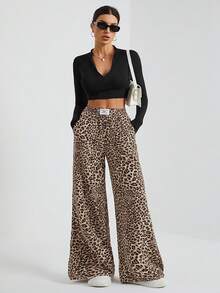 SHEIN Tall Women's Wide-Leg Street Trousers In Leopard Print Woven Cute Pants Cheetah Pants Animal Print Clothes Pants Wide Leg Leopard Pants Wide Leg Pants Animal Print Pants - Multicolor - View 7