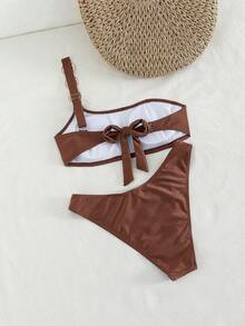 Swim Chiccia Bộ bikini hai mảnh lệch vai gợi cảm dành cho nữ, thiết kế tối giản thanh lịch với điểm nhấn kim loại, màu trơn, thích hợp cho kỳ nghỉ biển, mùa xuân/hè. - màu nâu - Xem 2