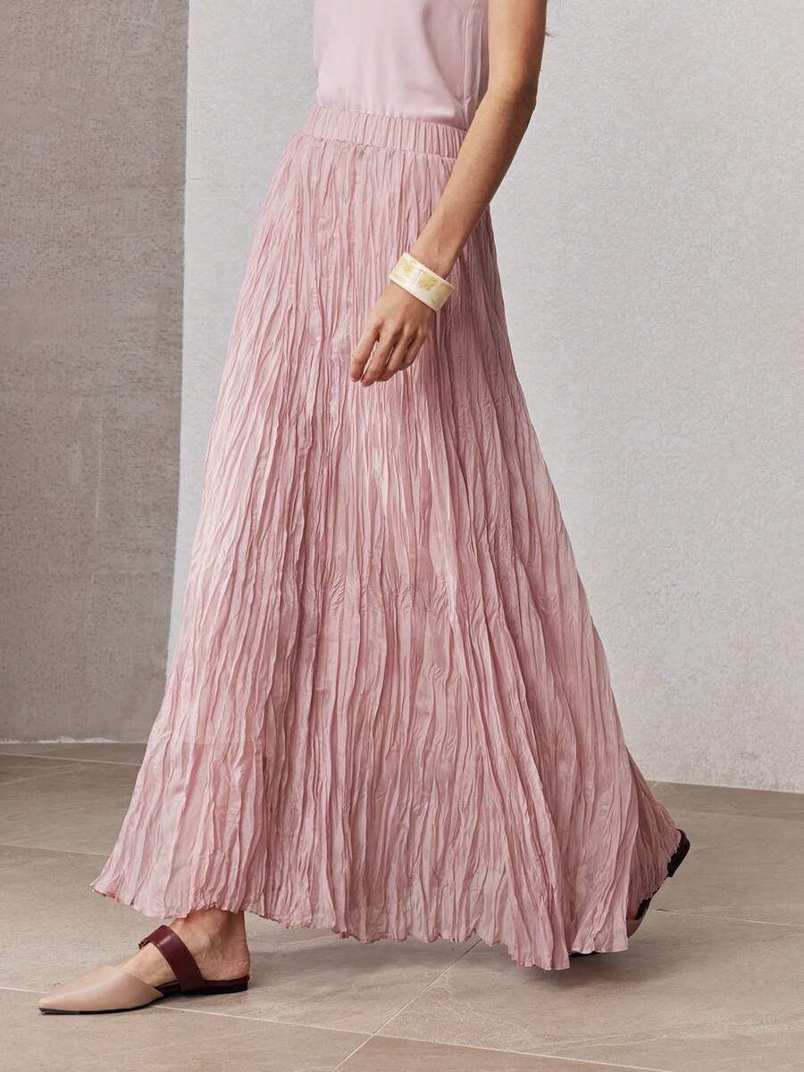 ZEYLAH Women's Solid Color Asymmetrical Hem Pleated A-Line Midi Skirt, Spring - Pink - View 1