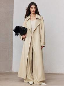 ZEYLAH Women's Solid Color Casual Oversized Trench Coat, Spring - Khaki - View 3