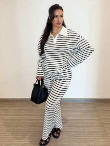 MDEdit Women's 2pcs Set Loose Striped V-Neck Drop Shoulder Long Sleeve T-Shirt &Elastic Waist Striped Pants, Winter Sweater Suit ,Autumn/Winter Casual - Black and White - View 6