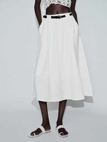 Lumivelle Chân váy xòe nữ màu trơn, cạp cao, phối màu tương phản, có túi, thích hợp cho mùa xuân/hè. - trắng - Xem 6