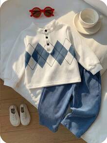 SHEIN 2件套男婴休闲可爱菱格纹长袖polo衫和蓝色裤子（含腰带），男婴服装，套装