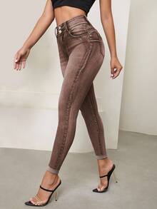 EMERY ROSE 纯色斜插口袋修身休闲牛仔裤 - 咖啡棕 - 查看 1