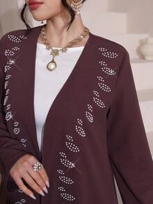Al Najma Women's Purple Long Sleeve Beaded Elegant Arabic Abaya, Spring/SummerLong Purple Plain Abaya With Regular Sleeves And Delicate EmbroideryLong Purple Plain Abaya With Regular Sleeves And Delicate Embroidery Plum Rhinestone Leaf Embellished Open Elegant Open Front & Maxi Length Silhouette Spring Break Modest Glam Outfit Garden Party Modest Maxi Premium Smooth Crepe Fabric Modest Glam & Feminine Aesthetic Timeless Islamic Fashion Staple - Purple - View 1