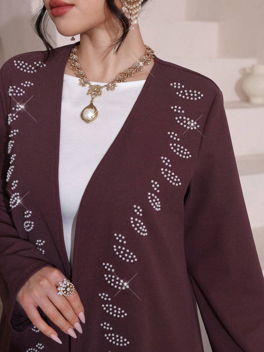 Al Najma Women's Purple Long Sleeve Beaded Elegant Arabic Abaya, Spring/SummerLong Purple Plain Abaya With Regular Sleeves And Delicate EmbroideryLong Purple Plain Abaya With Regular Sleeves And Delicate Embroidery Plum Rhinestone Leaf Embellished Open Elegant Open Front & Maxi Length Silhouette Spring Break Modest Glam Outfit Garden Party Modest Maxi Premium Smooth Crepe Fabric Modest Glam & Feminine Aesthetic Timeless Islamic Fashion Staple - Purple - View 1