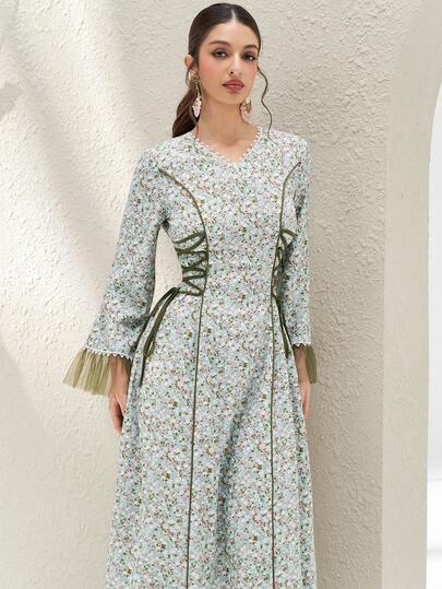 Al Najma 女士碎花腰带喇叭袖优雅阿拉伯风格连衣裙