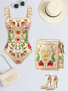 Swim Oasis 2pcs/Set Positioning Print Strap Top & Positioning Print Skirt, Summer Outfit - Multicolor - View 3