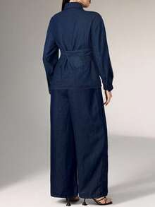 Heiryn 女士时尚通勤系带腰带衬衫牛仔裤套装，春夏情人节狂欢节服装，通勤度假毕业季时尚Y2K可爱街头风派对婚礼优雅商务休闲女装，深蓝色牛仔套装，腰带和纽扣袖口 - 藍色 - 查看 2