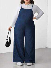 SHEIN CURVE+ 大码休闲宽松露背系带牛仔连体裤，春夏情人节嘉年华服装，通勤度假毕业时尚Y2K可爱街头风派对婚礼优雅商务休闲女式舒适大码牛仔背带裤，宽松版型阔腿设计，亲肤面料，带口袋 - 藍色 - 查看 5