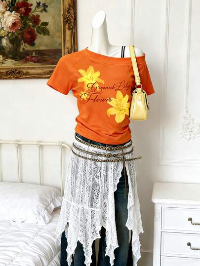 Lalippa 女士休闲印花不对称领口T恤，夏季