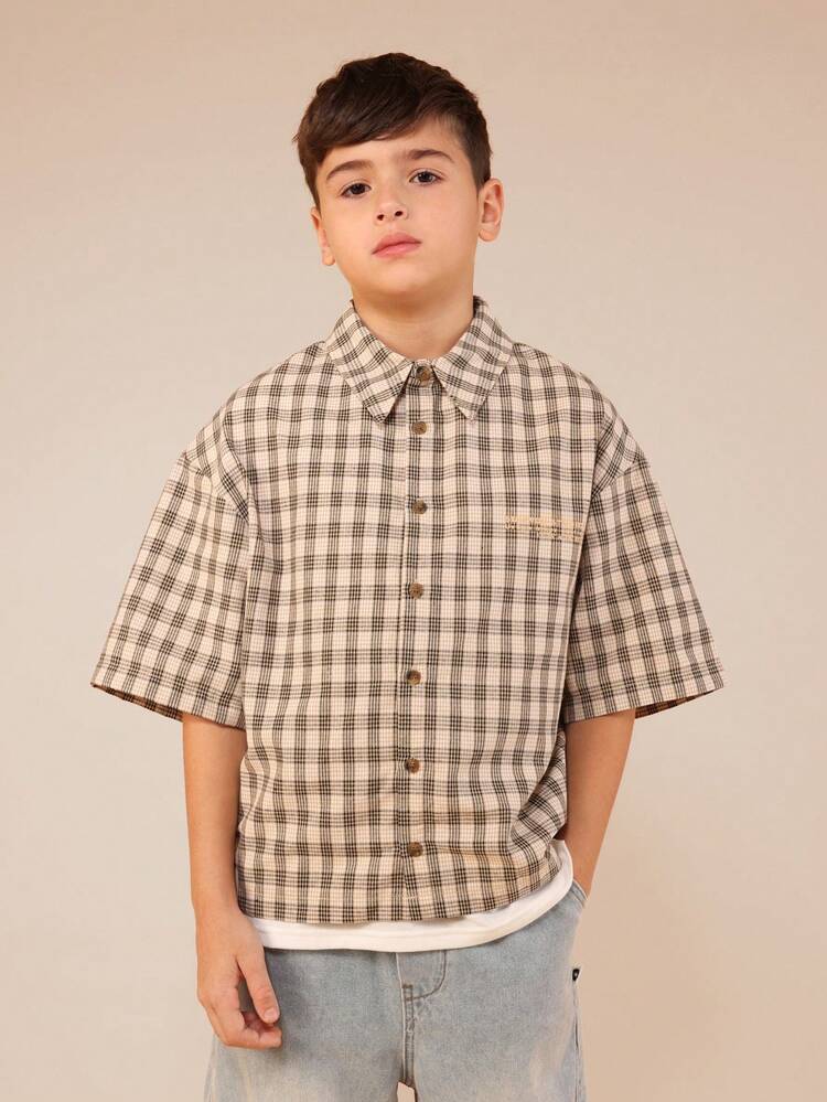 SUMWON Boys Plaid Button Down Short Sleeve Hiker Shirt With Chest Pocket Regular Fit Casual Collared Top Vacation - Khaki - View 4