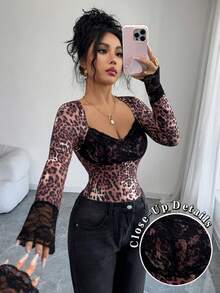 Selianne Women's Fashion Sexy Lace Patchwork Leopard Print Blouse Lace Detail Top Leopard Top - Brown - View 1
