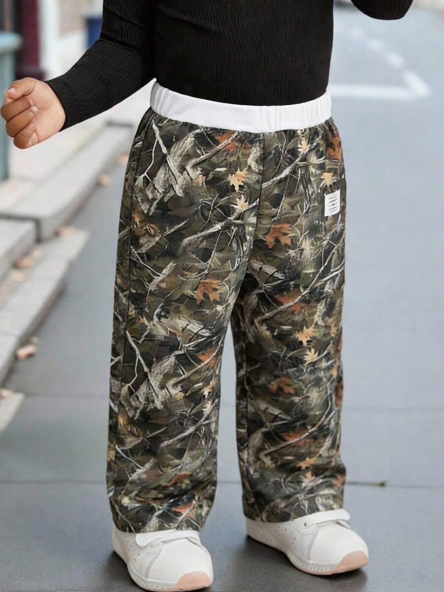 女婴百搭可爱街头迷彩树叶图案松紧腰宽松裤 - 彩色 - 查看 1