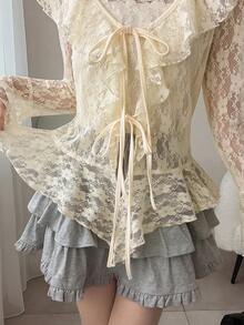 FRIFUL 两件套女士蕾丝吊带衬衫，荷叶边装饰，修身浪漫上衣套装 - 白色 - 查看 7