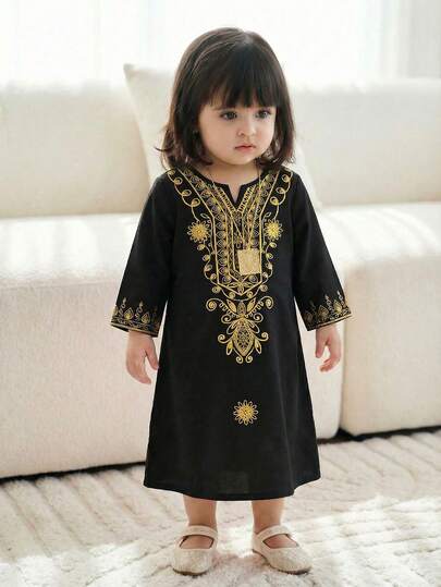 Baby Girls Black Traditional Elegant Dignified Gold Floral Print, Casual Minimalist Traditional Arabic Dress Suitable For Spring/Summer Daily, Festivals, Outings, Elegant Dignified Long Sleeve Arabic Maxi Dress, Prayer Abaya, Easy Comfort, Casual Wear, Vacay Vibes, Modest Kaftan, Jalabiya Baby Arabic Clothing Muslim Baby Girl Clothes Black Elegant Dress For Toddler Black Baby Girl Kurta